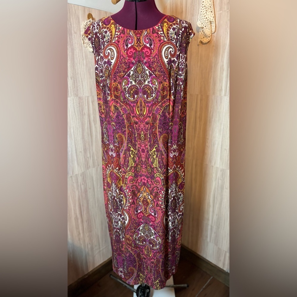 London Times Paisley Dress in Red Pink Purple and Yellow